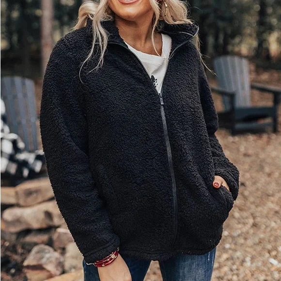 Sweaters Black Teddy Sherpa Jacket Long Sleeve Zip Coat Sweater